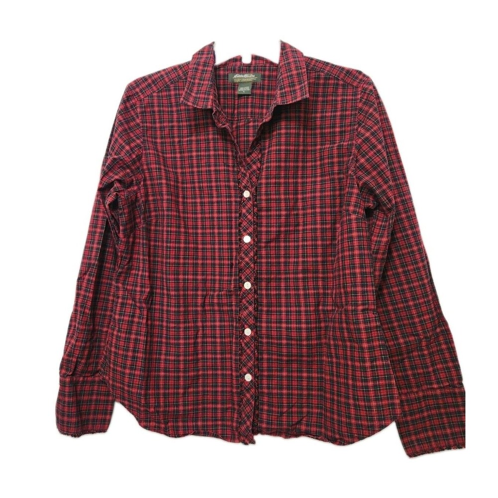 Eddie Bauer Womens Top Large LS Ruffle Button Front Red Plaid Blouse Preppy